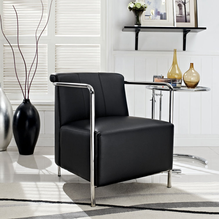 Black Faux Leather Barrel Chair with Metal Frame
