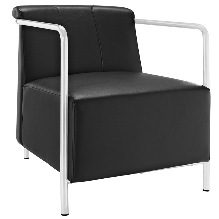 Black Faux Leather Barrel Chair with Metal Frame