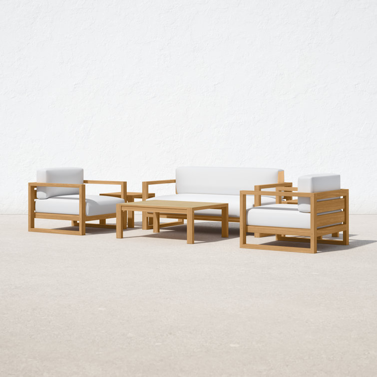 Upland Modern Teak 6-Piece White Cushion Outdoor Patio Set