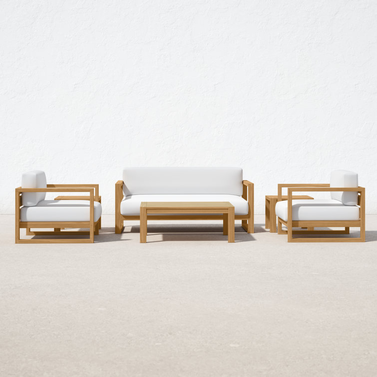 Upland Modern Teak 6-Piece White Cushion Outdoor Patio Set