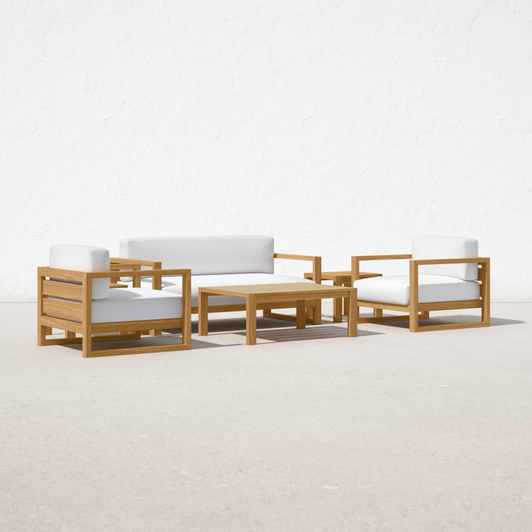 Upland Modern Teak 6-Piece White Cushion Outdoor Patio Set