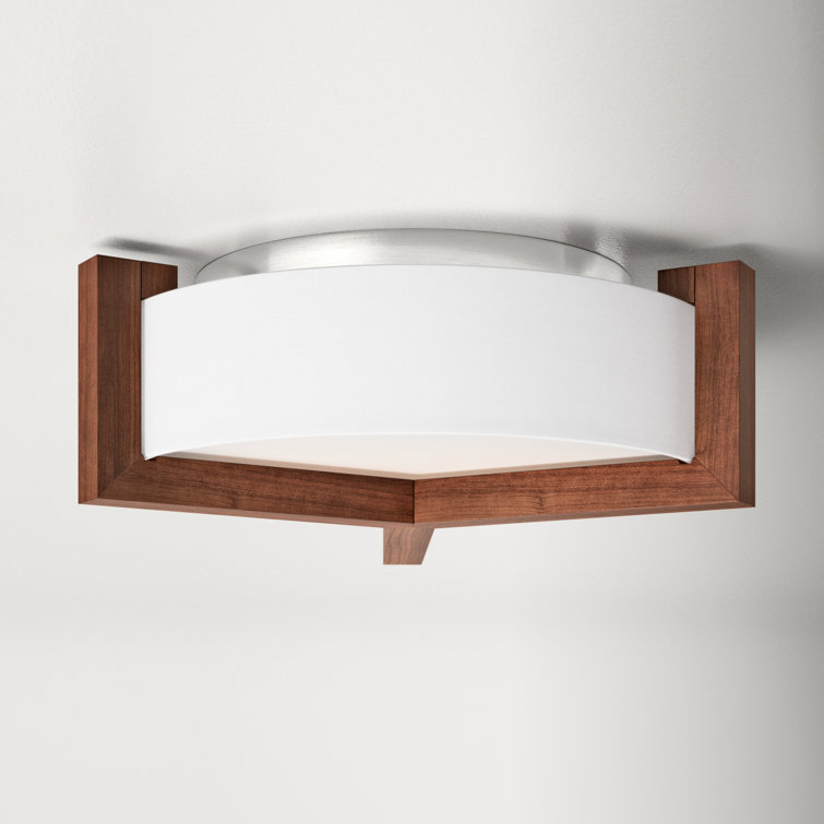 Walnut & Brushed Nickel LED Drum Flush Mount with White Linen Shade