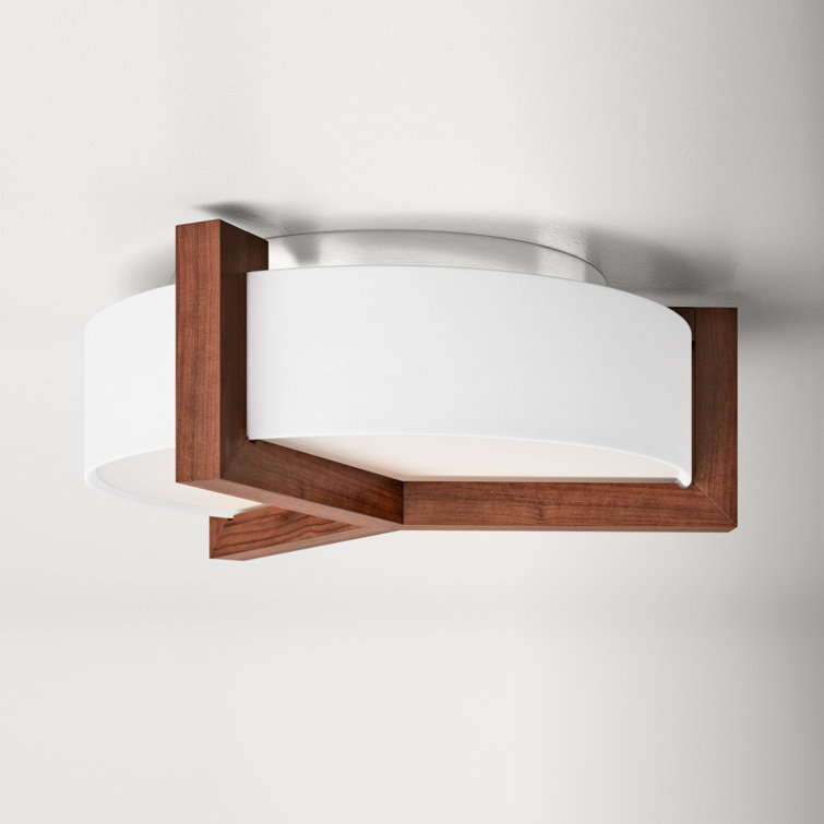 Walnut & Brushed Nickel LED Drum Flush Mount with White Linen Shade