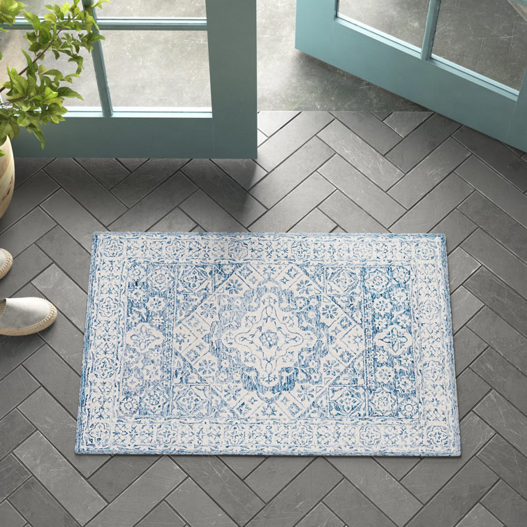 Handmade Blue and White Wool Tufted Oriental Rug