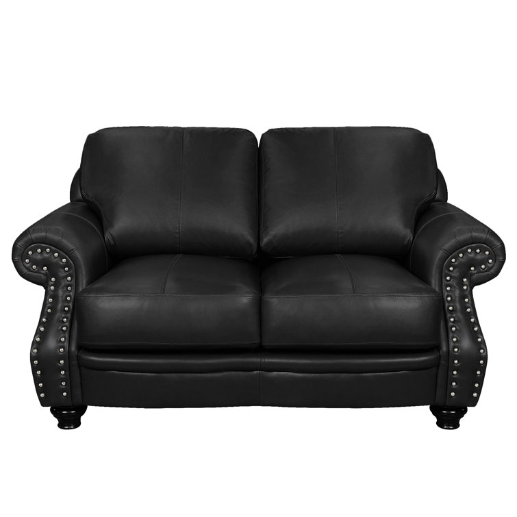 Charleston 63'' Black Leather Nailhead Loveseat with Wood Frame