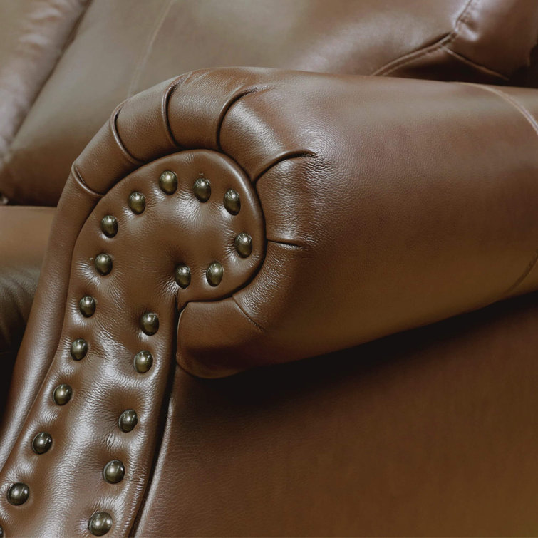Charleston Chestnut Brown Top-Grain Leather Loveseat with Brass Nailheads