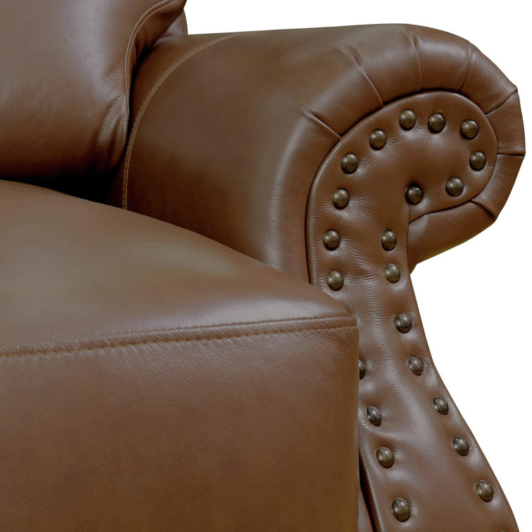 Charleston Chestnut Brown Top-Grain Leather Loveseat with Brass Nailheads