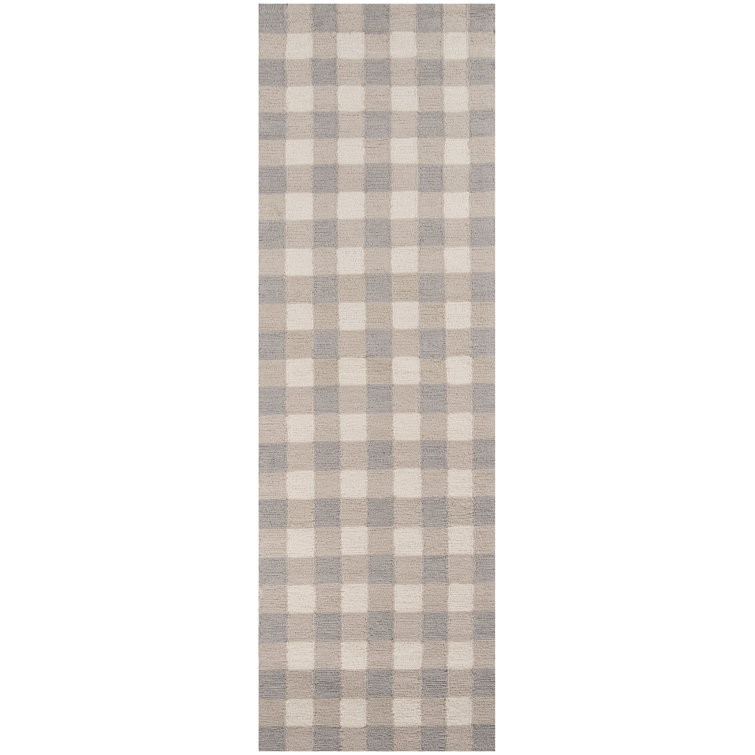 Gray and Beige Handmade Wool Checkered Runner Rug