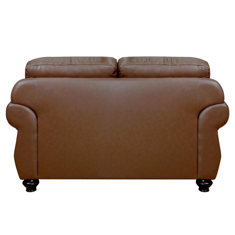 Charleston Chestnut Brown Top-Grain Leather Loveseat with Brass Nailheads