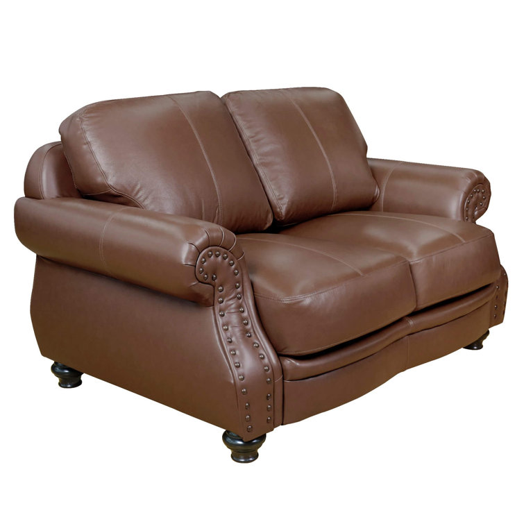 Charleston Chestnut Brown Top-Grain Leather Loveseat with Brass Nailheads