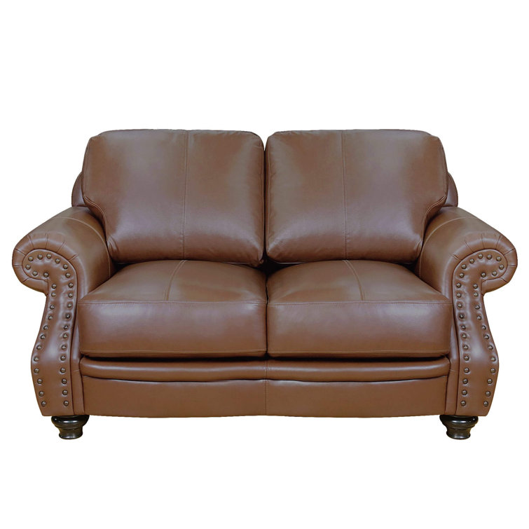 Charleston Chestnut Brown Top-Grain Leather Loveseat with Brass Nailheads
