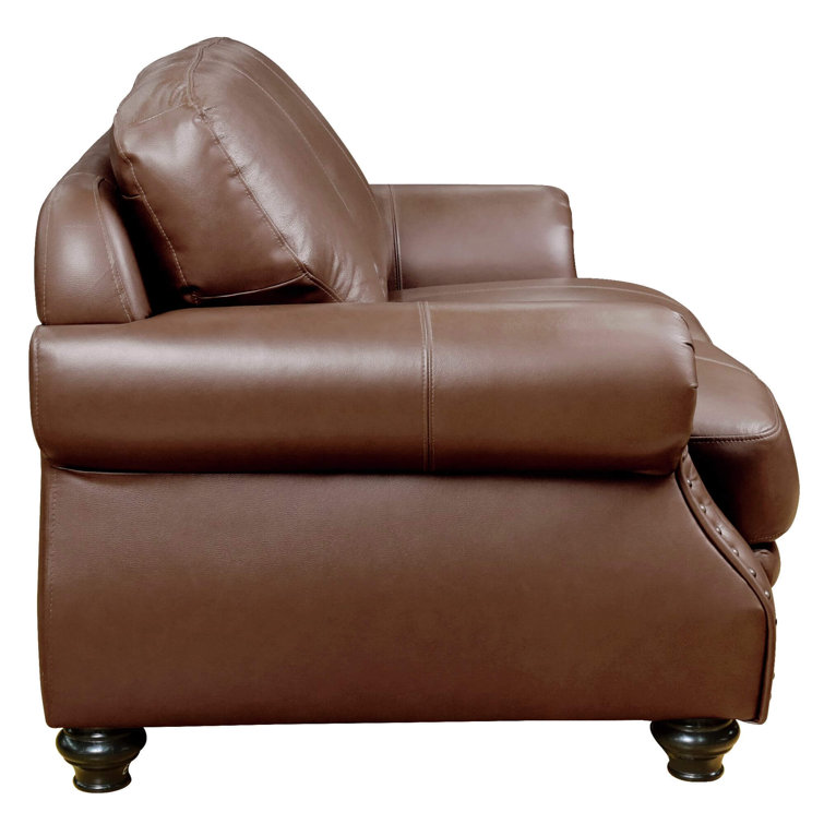Charleston Chestnut Brown Top-Grain Leather Loveseat with Brass Nailheads