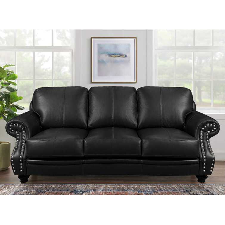Charleston Traditional Black Leather Sofa with Nailhead Detail