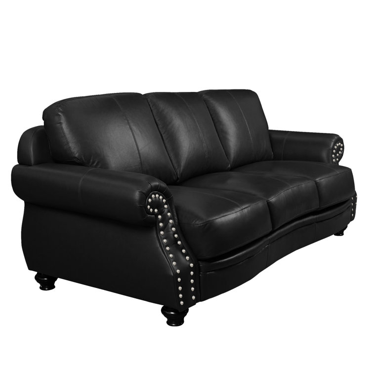 Charleston Traditional Black Leather Sofa with Nailhead Detail