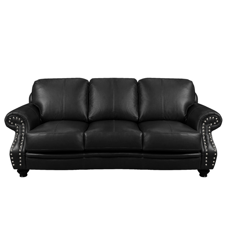 Charleston Traditional Black Leather Sofa with Nailhead Detail