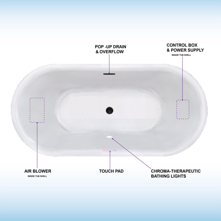 67" White Freestanding Acrylic Air Soaking Bathtub with 208 Jets