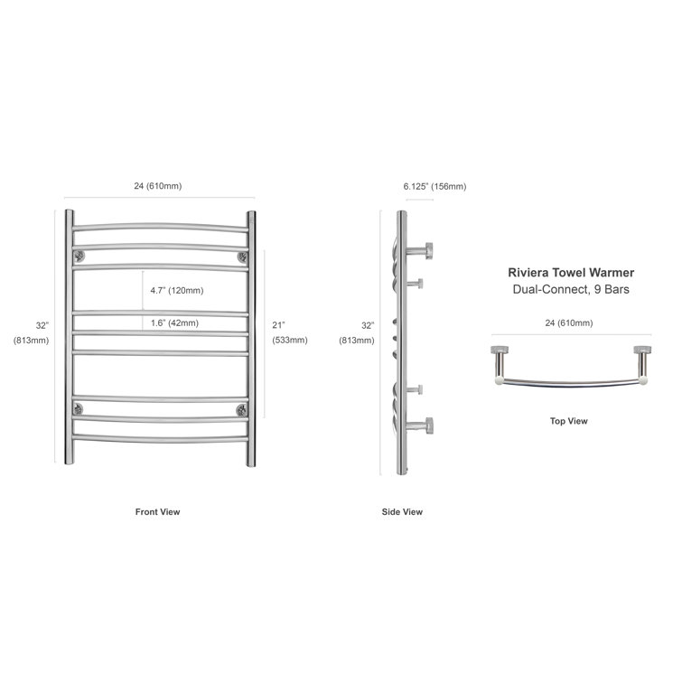 Polished Stainless Steel Wall-Mounted Curved Towel Warmer with 9 Bars