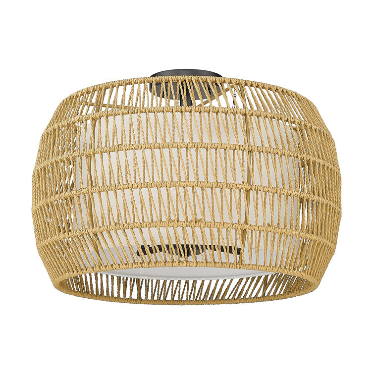 Matte Black and Natural Rattan Drum Semi-Flush Mount Light