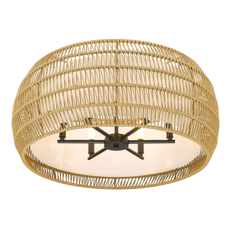 Natural Rattan and Black Steel 6-Light Drum Chandelier