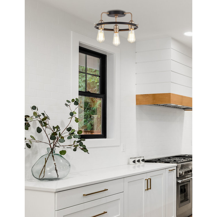 Volta Matte Black and Brass 3-Light Flush Mount for Indoor/Outdoor