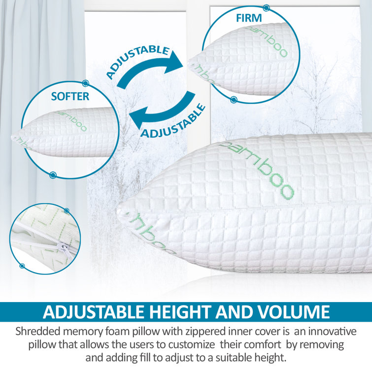 Queen Size White Bamboo Cooling Memory Foam Pillows with Washable Covers