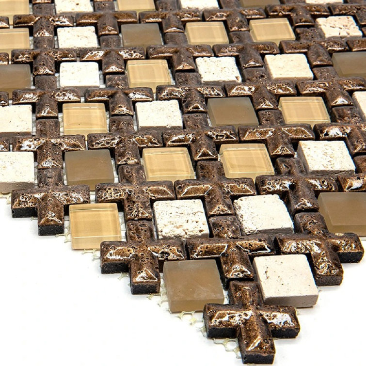 11" x 11" Beige and Brown Glass Resin Stone Mosaic Wall Tile