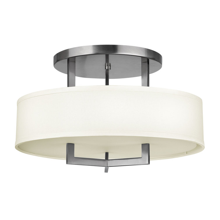 Hampton 20" Antique Nickel 3-Light Transitional Semi-Flush Mount with Off-White Linen Shade