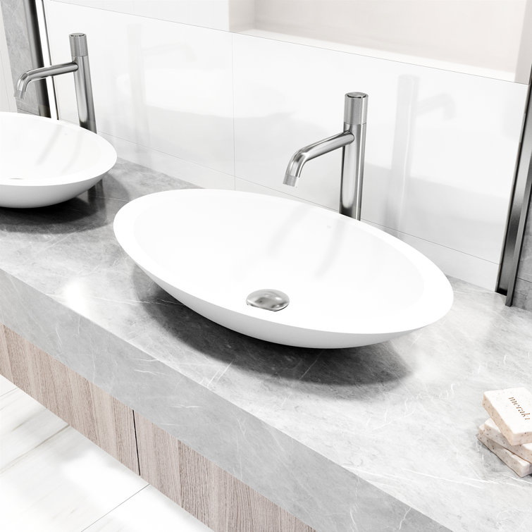 23" White Matte Stone Oval Vessel Sink with Brushed Nickel Faucet