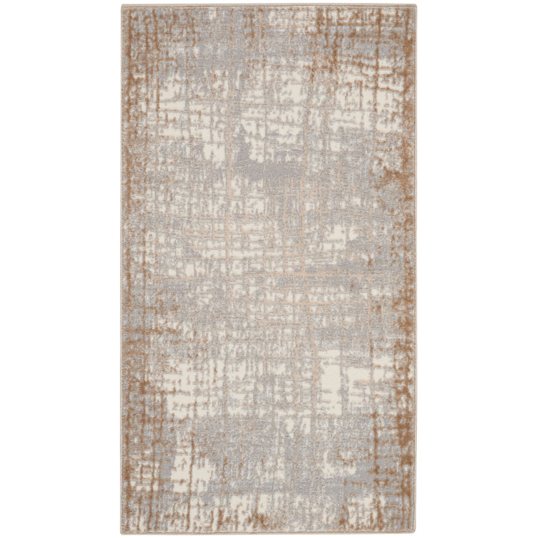 Ivory and Taupe Abstract Rectangular Synthetic Rug