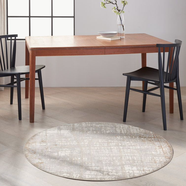 Ivory and Taupe Round Abstract Synthetic Rug, 4 ft