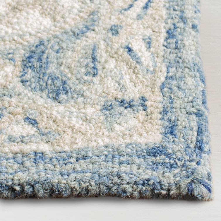 Hand-Tufted Ivory and Navy Wool Runner Rug