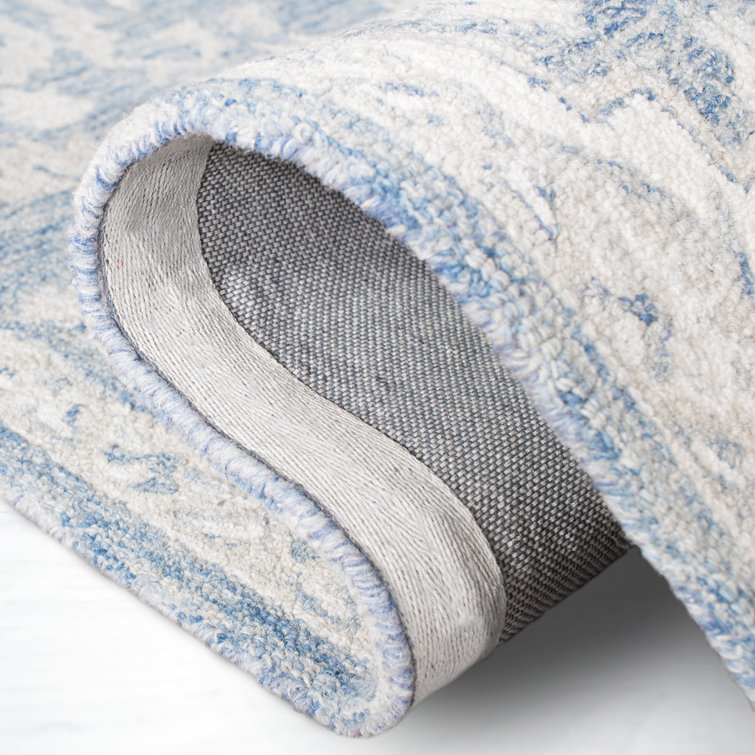 Hand-Tufted Ivory and Navy Wool Runner Rug