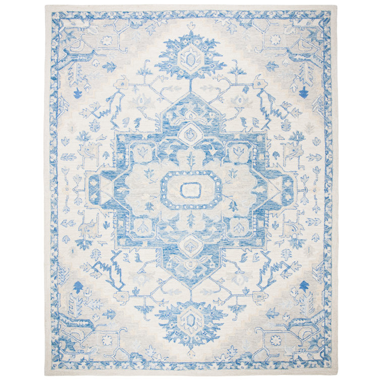 Traditional Ivory & Blue Hand-Knotted Wool Rug - 8' x 11'