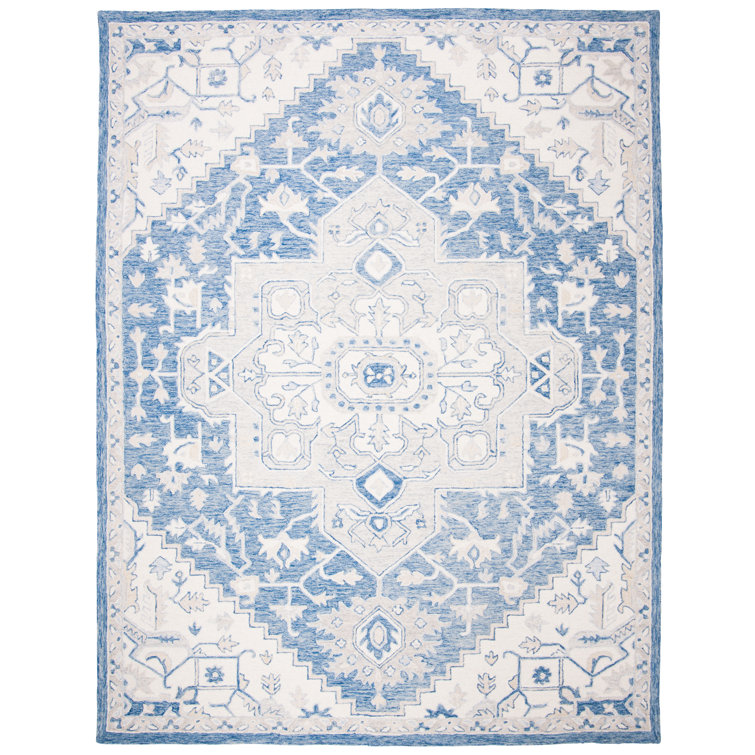 Traditional Medallion 10' x 14' Hand-Knotted Wool Rug in Blue