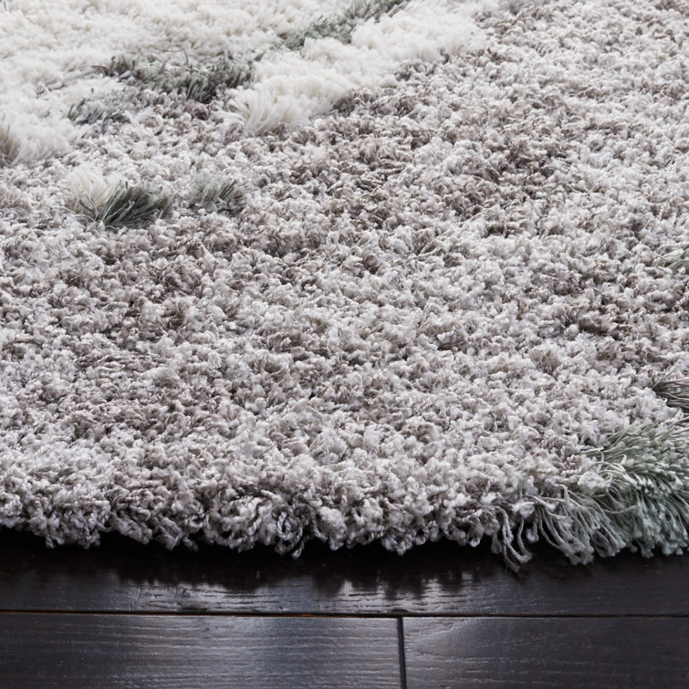 Round Grey and Green Abstract Shag Rug, 79 inches
