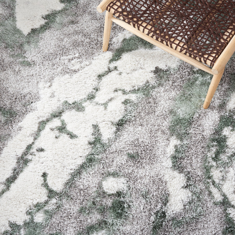 Round Grey and Green Abstract Shag Rug, 79 inches