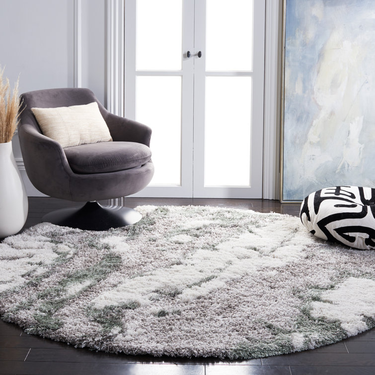 Round Grey and Green Abstract Shag Rug, 79 inches