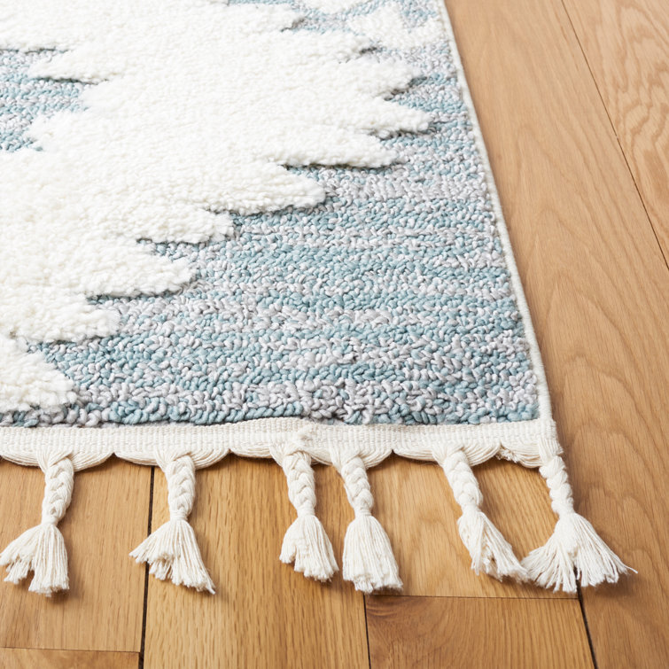 Teal and Ivory Diamond Pattern Rectangular Shag Rug