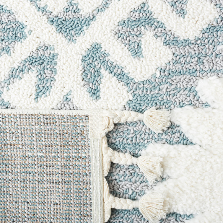 Teal and Ivory Diamond Pattern Rectangular Shag Rug
