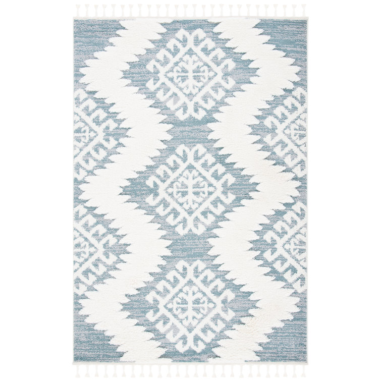 Teal and Ivory Diamond Pattern Rectangular Shag Rug
