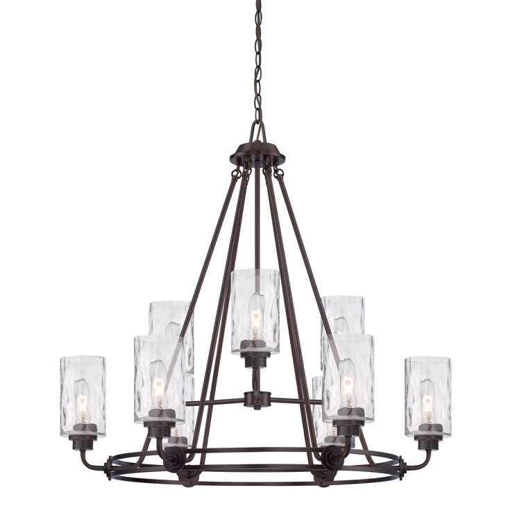 Elegant Bronze 34'' Crystal Accented Chandelier with Hammered Glass Shades