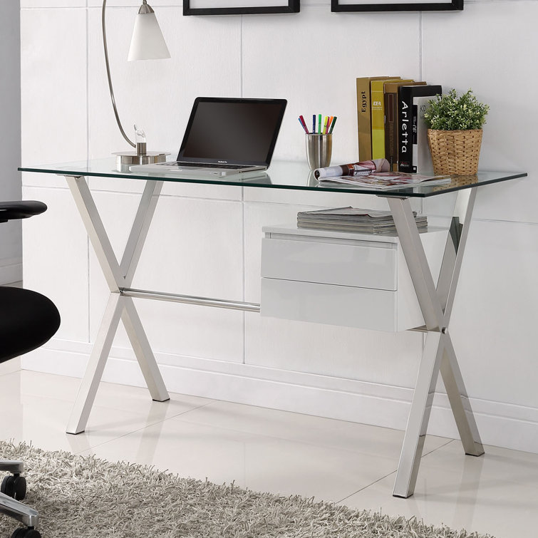White Glass Top X-Base Office Desk with Drawer