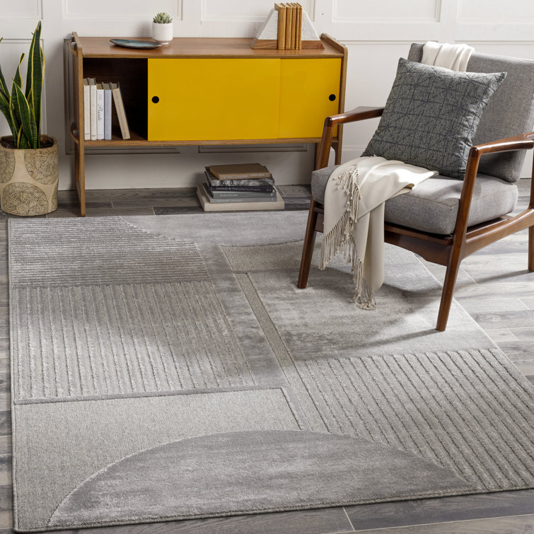 Gray Geometric Wool and Viscose Rectangular Area Rug