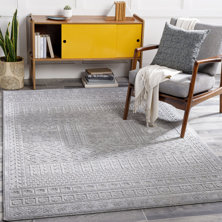 Gray Rectangular Wool and Viscose Bohemian Rug