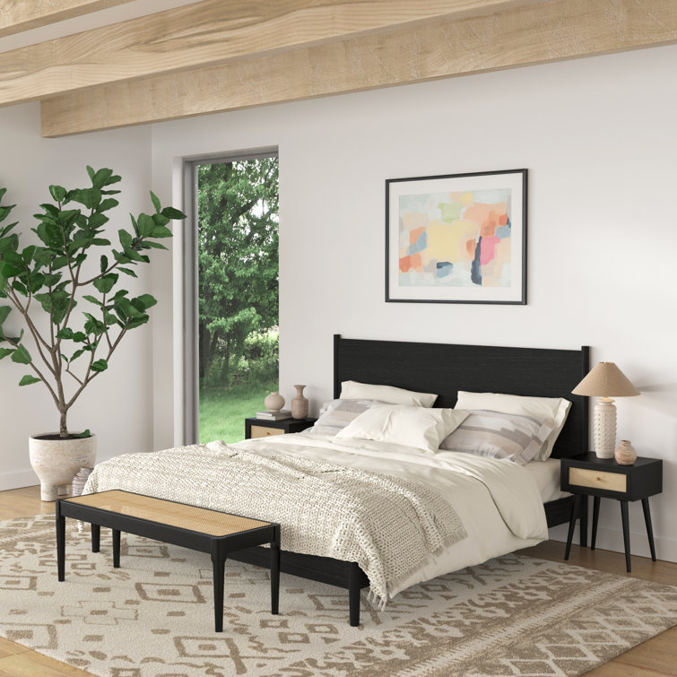 Antigua Black Wood Queen Bed with Headboard and Drawer