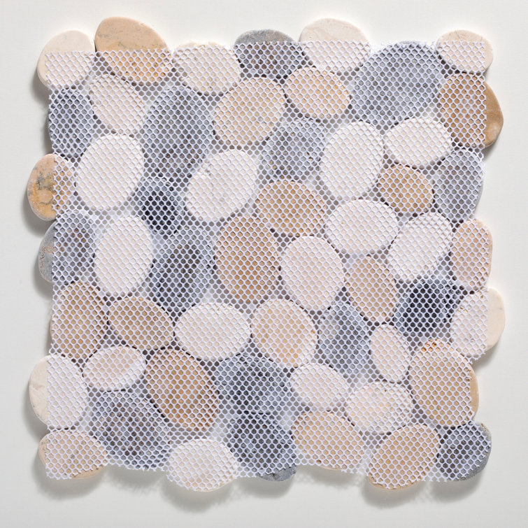 Natural Stone Pebble Mosaic Tile in Tan, White, and Gray