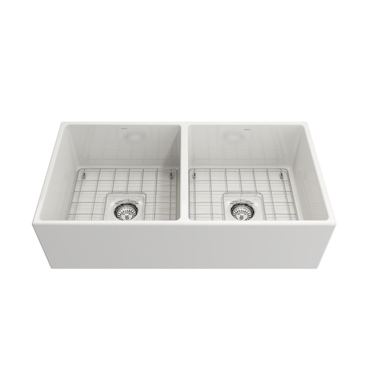 36'' White Fireclay Double Bowl Farmhouse Sink