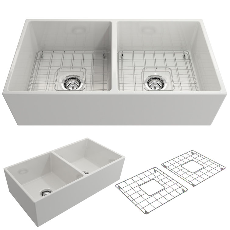 36'' White Fireclay Double Bowl Farmhouse Sink