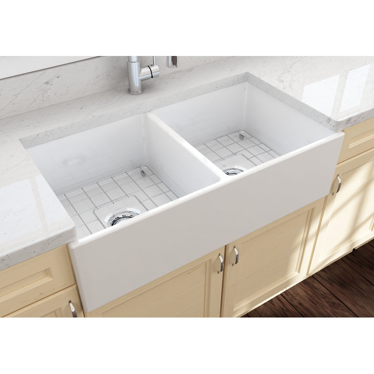 36'' White Fireclay Double Bowl Farmhouse Sink