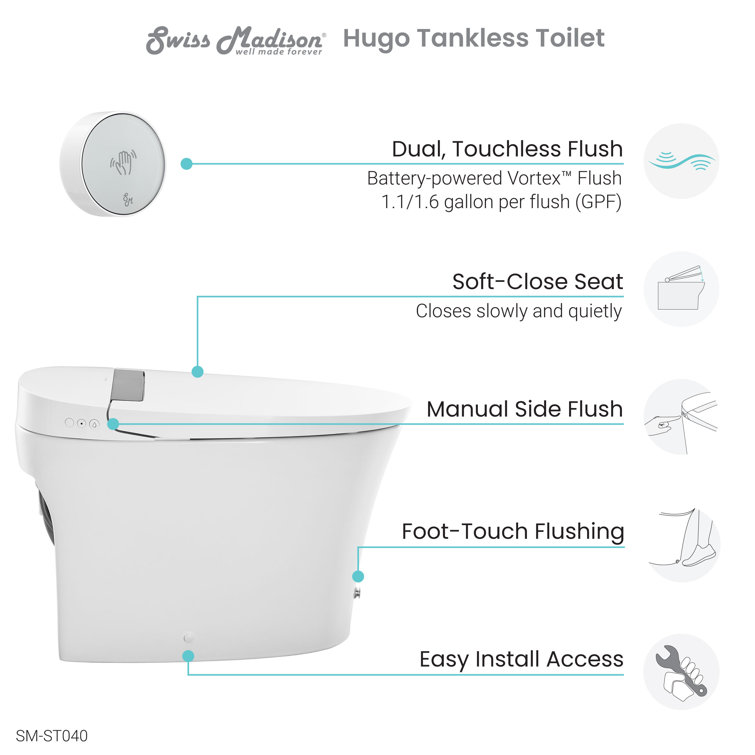 Hugo White Ceramic Elongated Dual-Flush Smart Toilet